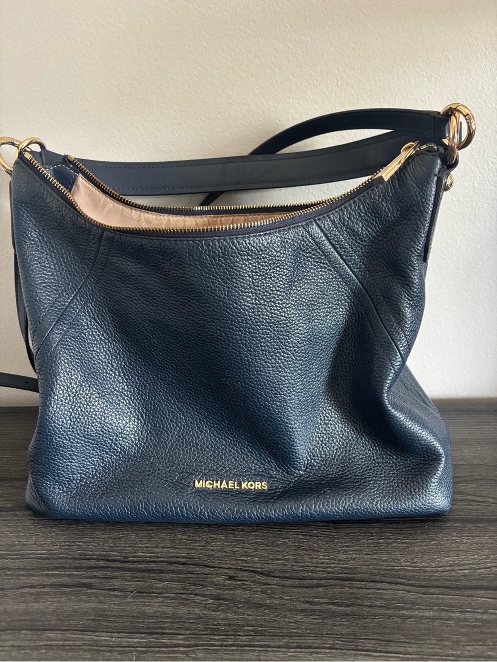 Michael Kors Navy Pebbled Leather Shoulder Bag with Gold Hardware